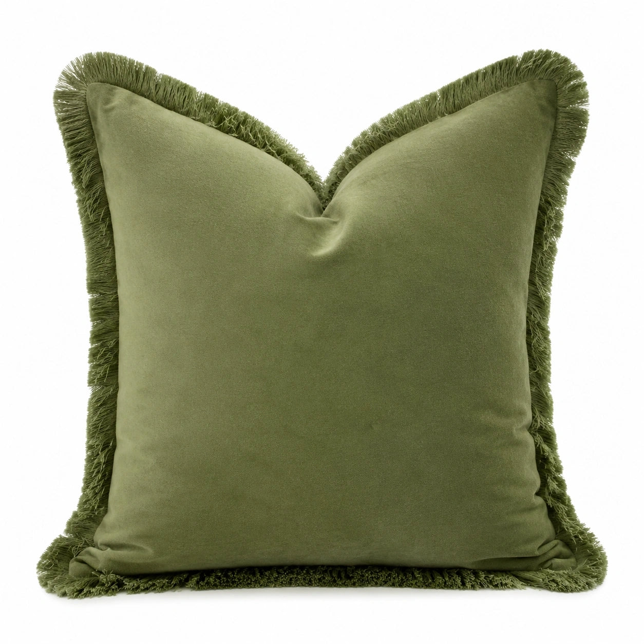 Coussin décoratif 45 x 45 cm en polyester vert olive à franges