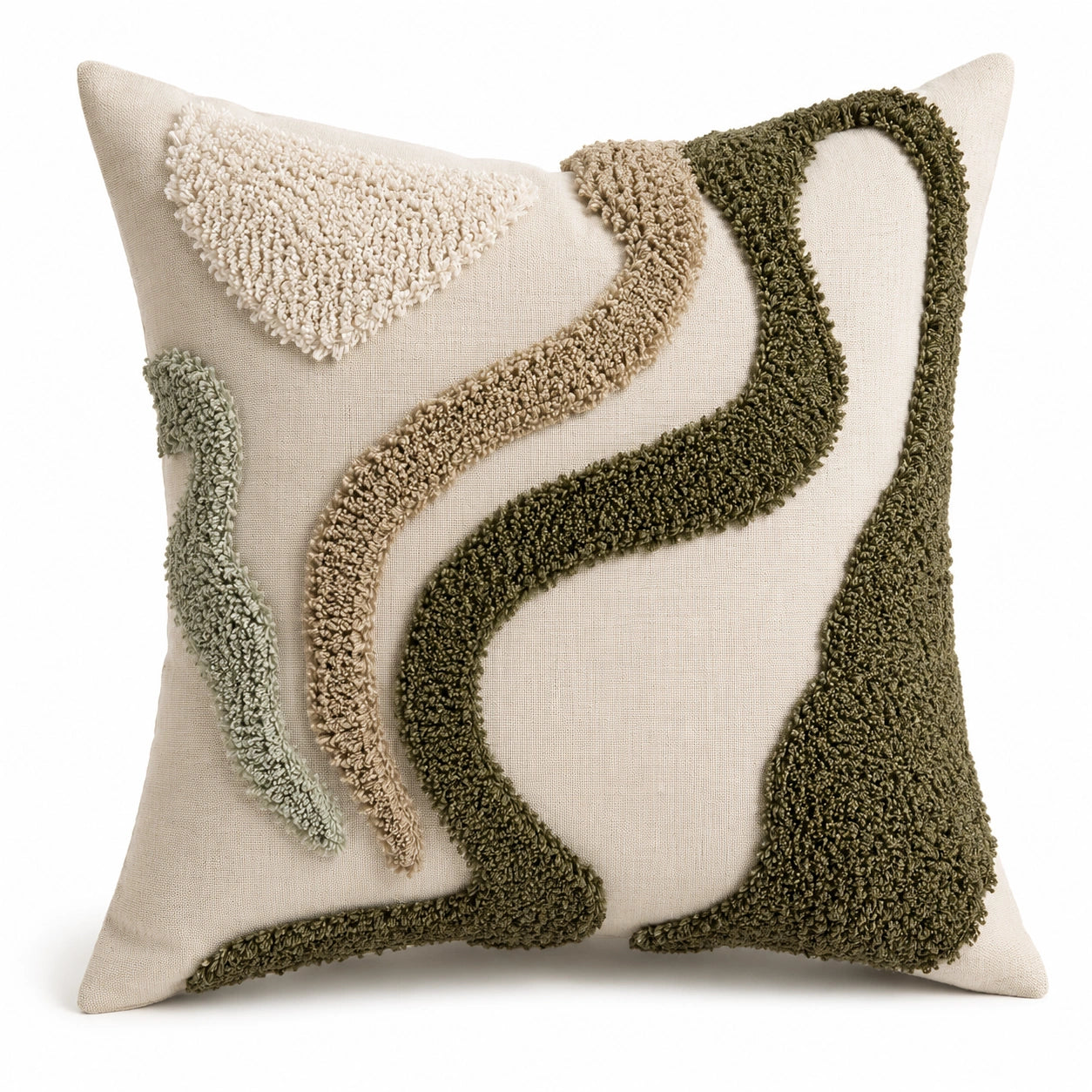 Coussin décoratif 45 x 45 cm en tissu beige vert à relief style bohème