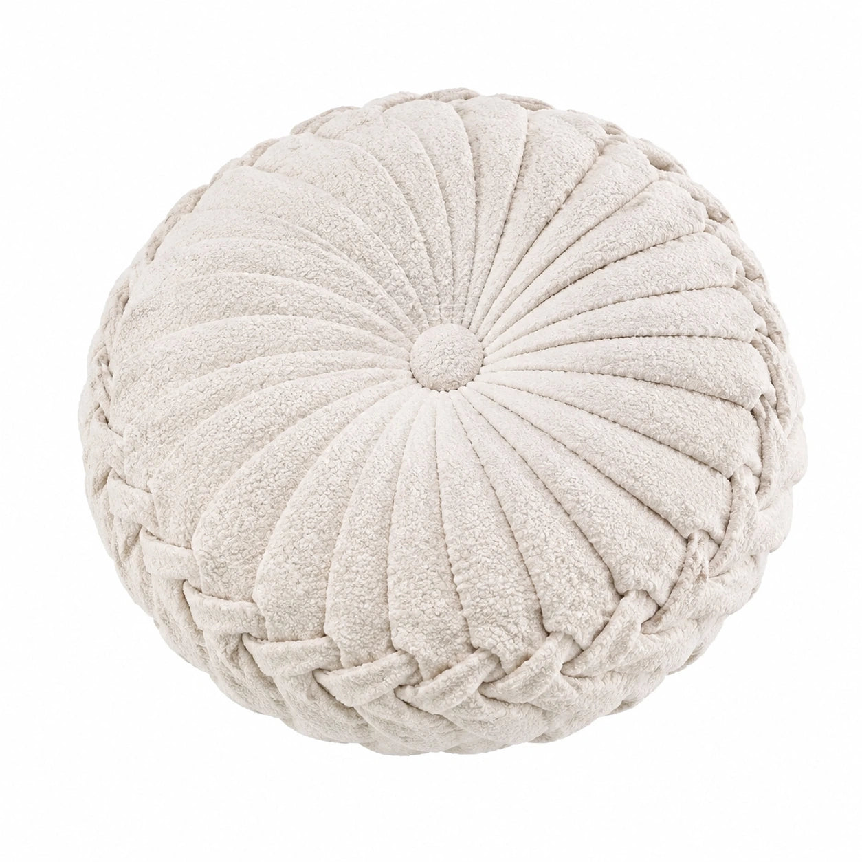 Coussin rond 40 cm en tissu bouclette écru style plissé décoratif