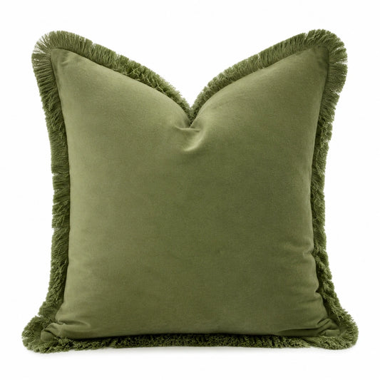 Coussin décoratif 45 x 45 cm en polyester vert olive à franges