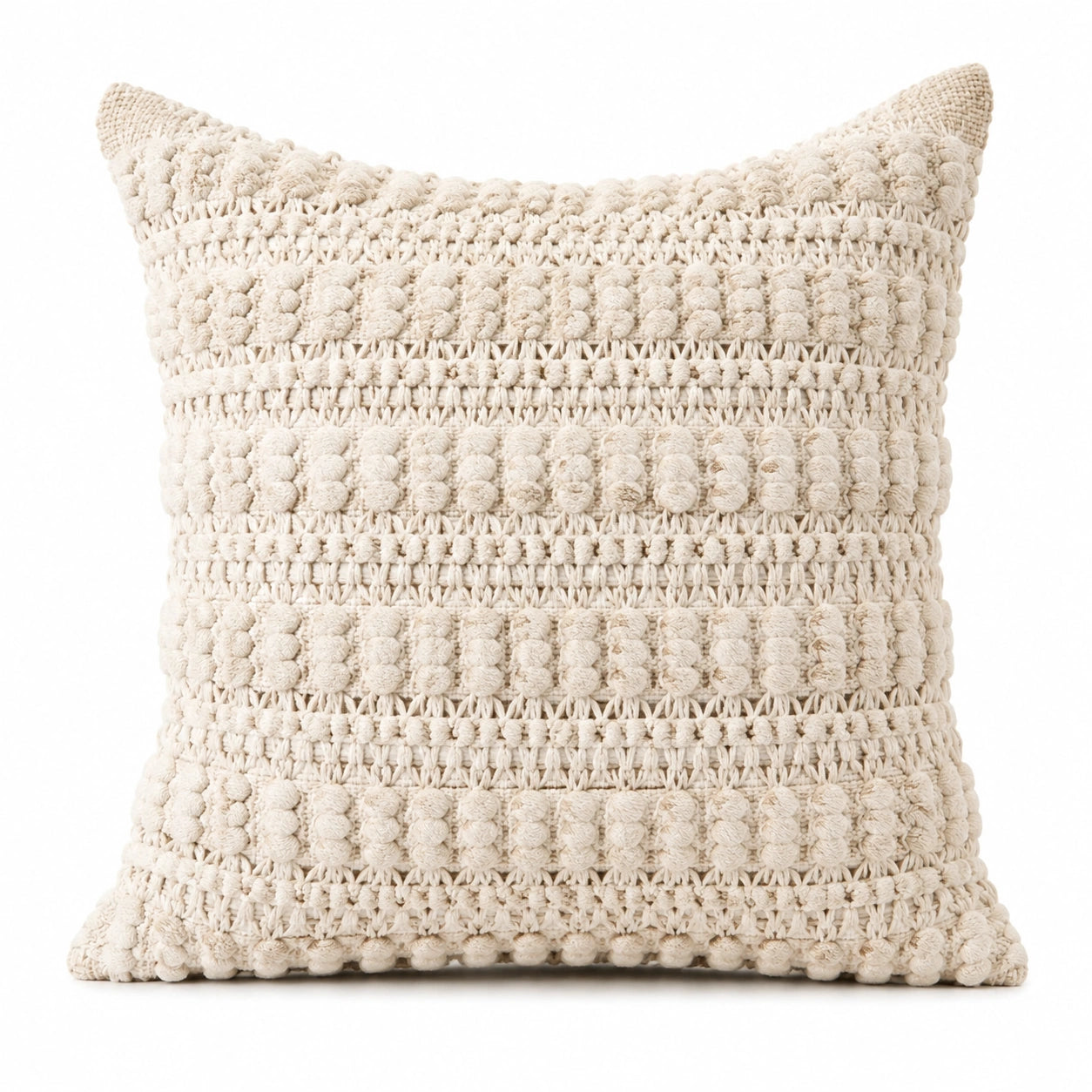 Coussin décoratif 45 x 45 cm en coton écru à pompons style bohème