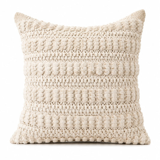 Coussin décoratif 45 x 45 cm en coton écru à pompons style bohème