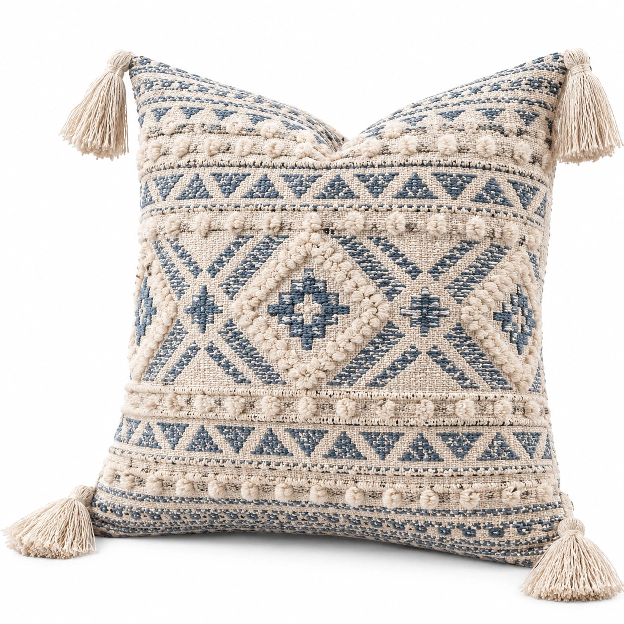 Coussin décoratif 45 x 45 cm en coton beige et bleu à motifs tissés avec pompons