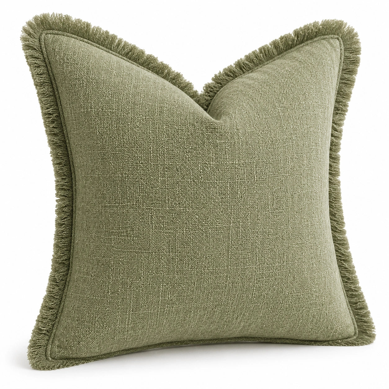 Coussin décoratif 45 x 45 cm textile vert olive à franges pour canapé style bohème