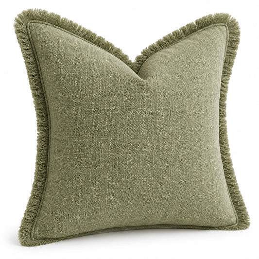 Coussin décoratif 45 x 45 cm textile vert olive à franges pour canapé style bohème