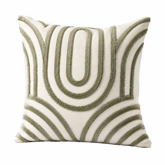 Coussin décoratif 45 x 45 cm en tissu écru et vert sauge à relief géométrique