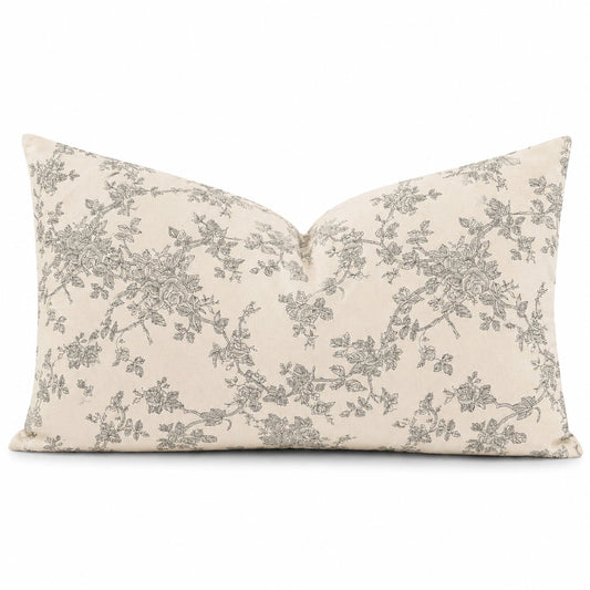Coussin rectangulaire 50 x 30 cm en tissu écru à motif floral pour décoration classique