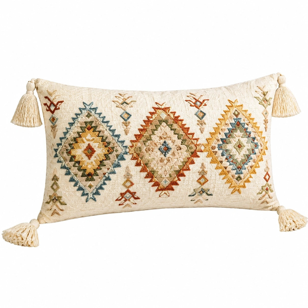 Coussin décoratif 50 x 30 cm tissu beige brodé style bohème avec pompons
