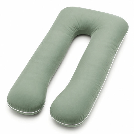 Coussin de grossesse 140 cm en velours vert sauge - soutien du corps en U