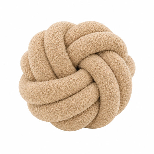 Coussin décoratif rond noué 30 cm en tissu bouclette beige - texture douce