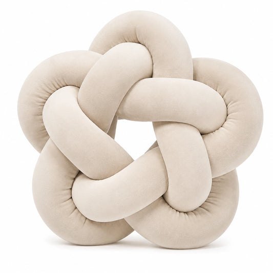 Coussin décoratif noué 35 cm en tissu bouclette beige doux