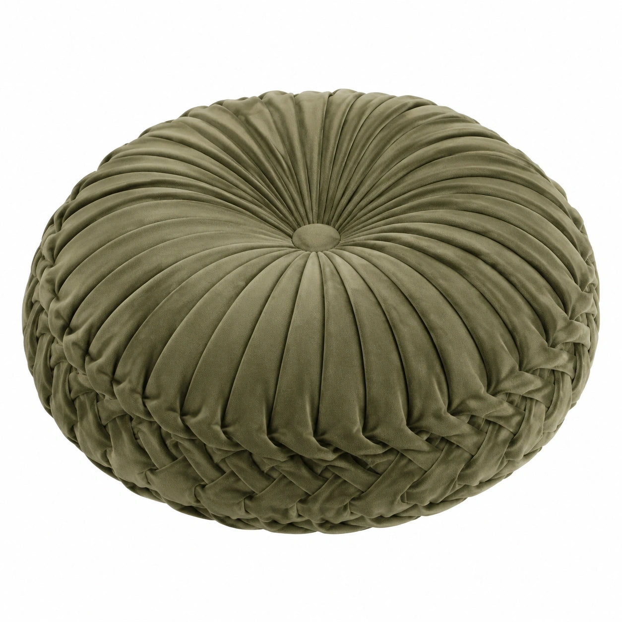 Coussin rond 40 cm en velours vert olive décoratif plissé