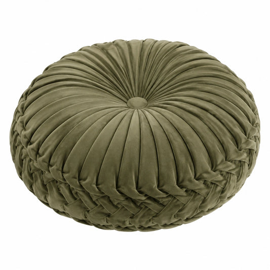 Coussin rond 40 cm en velours vert olive décoratif plissé