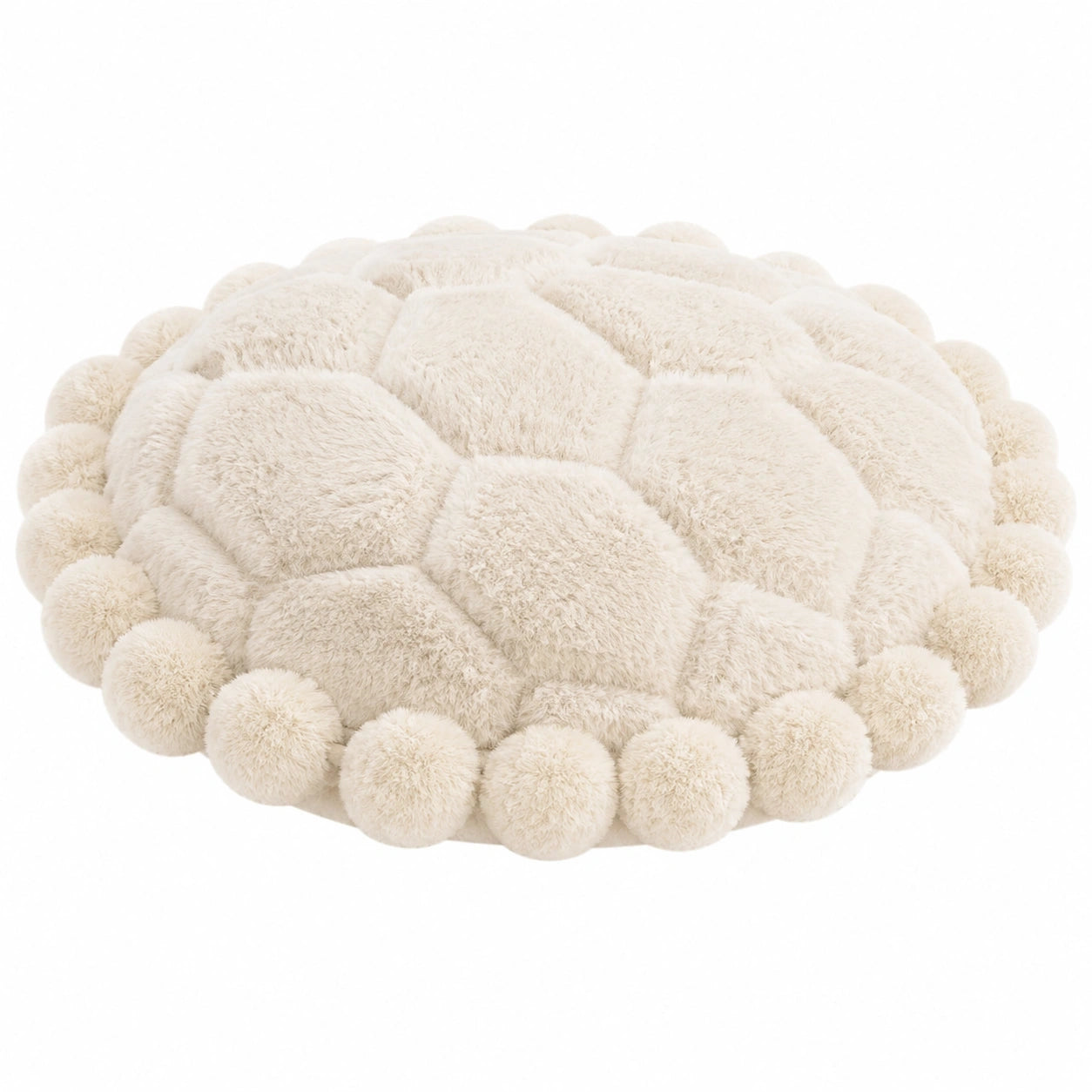 Coussin rond 45 cm en polyester beige à pompons décoratif