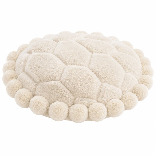 Coussin rond 45 cm en polyester beige à pompons décoratif