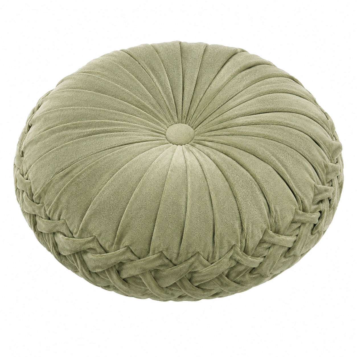 Coussin rond décoratif 40 cm en tissu effet velours vert sauge plissé