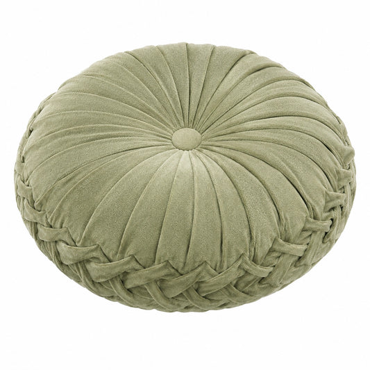 Coussin rond décoratif 40 cm en tissu effet velours vert sauge plissé