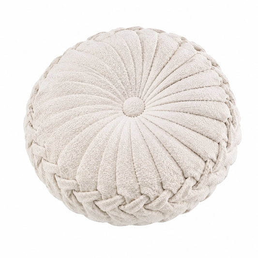 Coussin rond 40 cm en tissu bouclette écru style plissé décoratif
