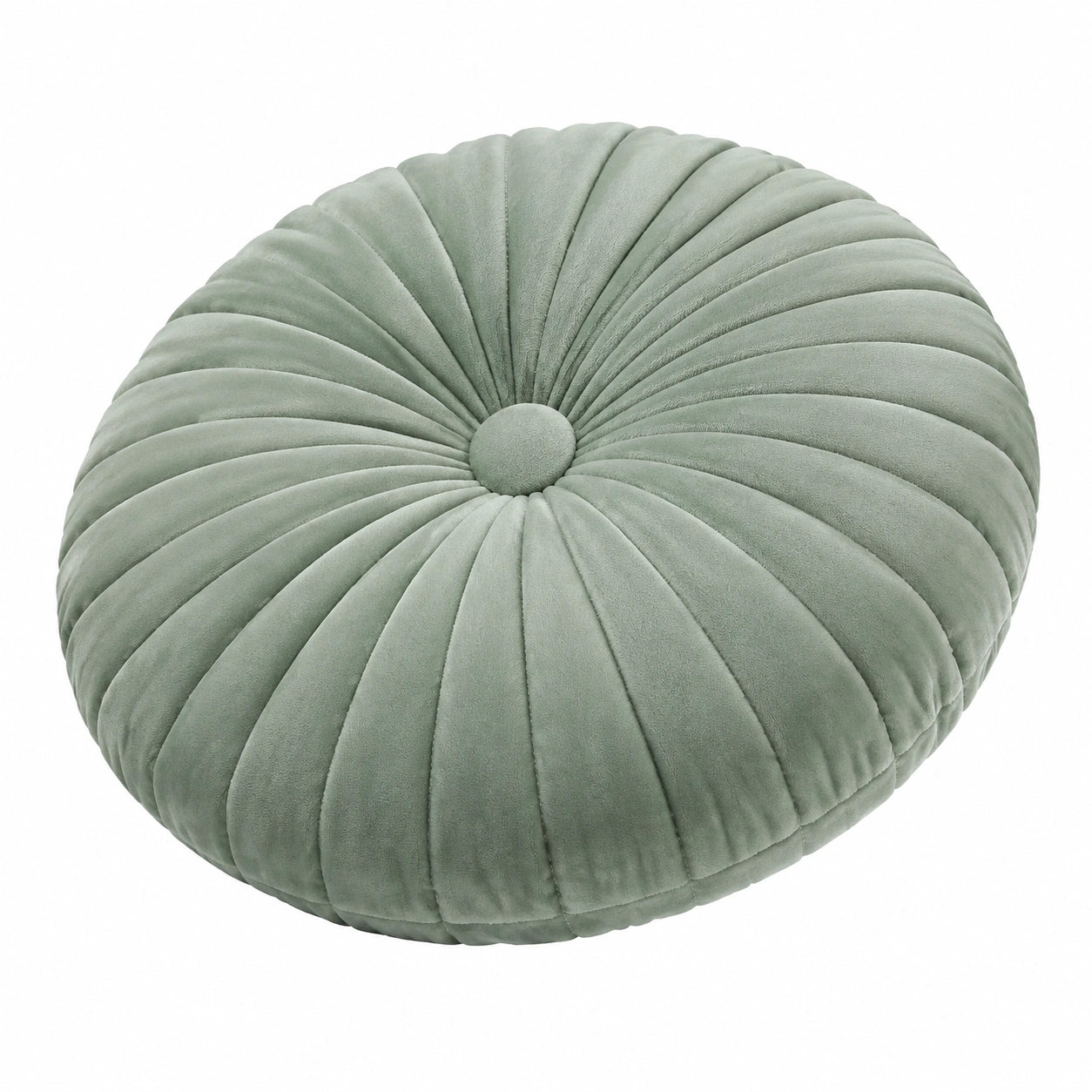 Coussin rond 45 cm en textile effet velours vert sauge décoratif plissé