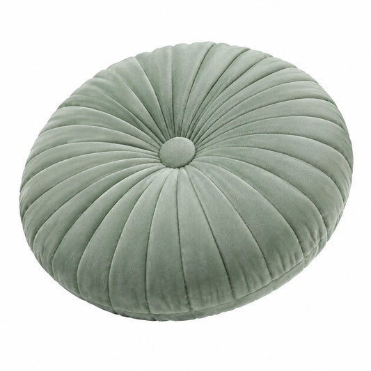 Coussin rond 45 cm en textile effet velours vert sauge décoratif plissé