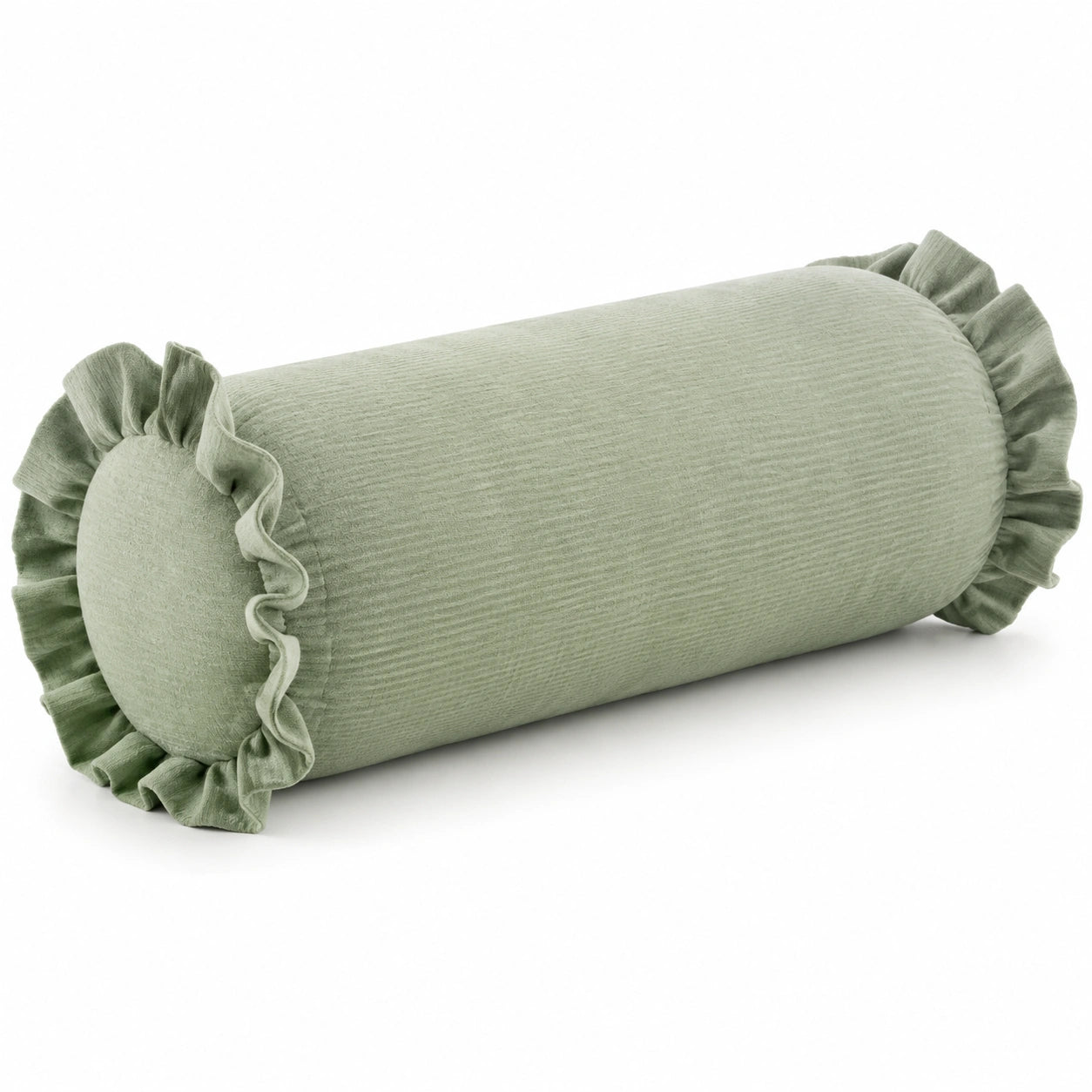 Coussin traversin cylindrique 20 x 45 cm textile vert sauge à volants décoratif