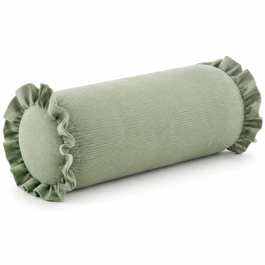 Coussin traversin cylindrique 20 x 45 cm textile vert sauge à volants décoratif